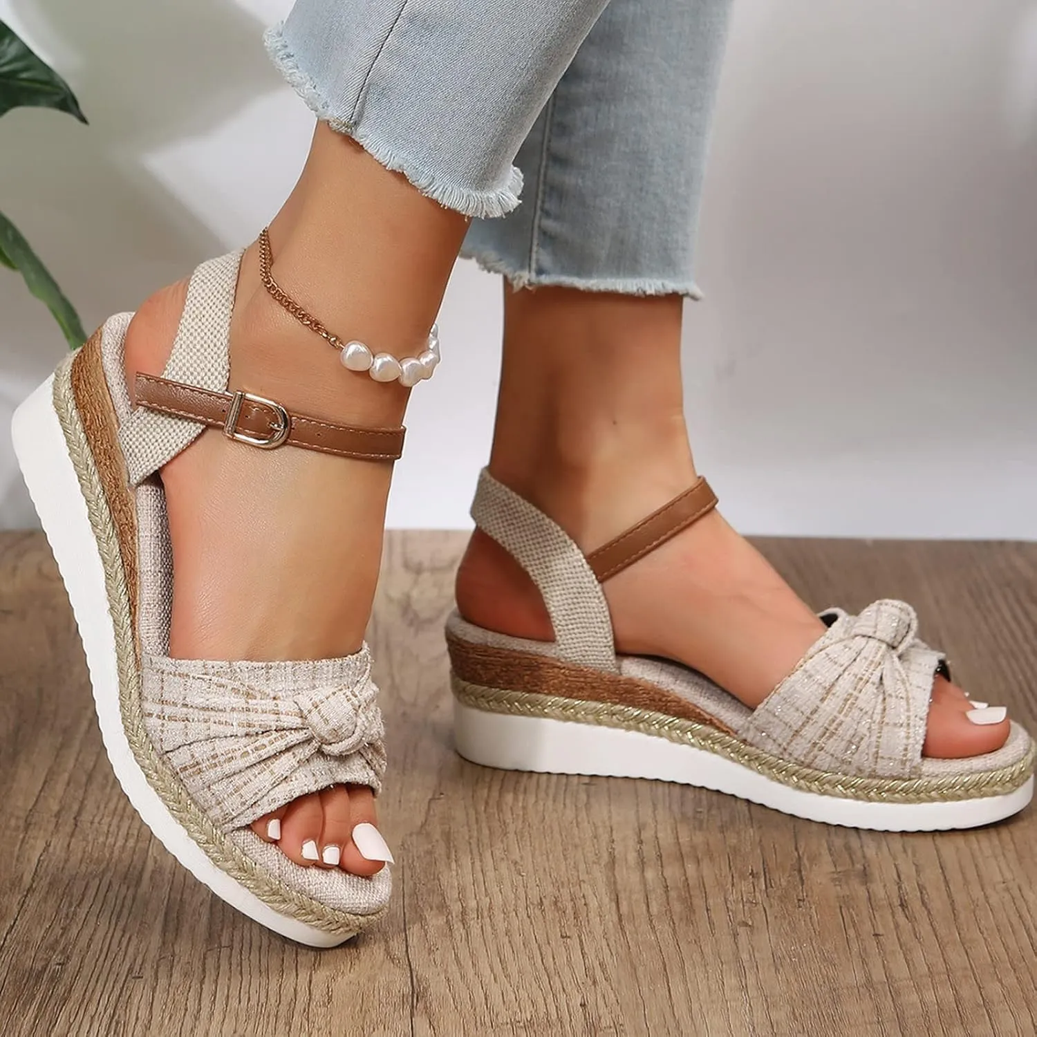 ZSpzx Platform Espadrille Sandals for Women with Twist Knot Bow 2025 Arch Support Low Heel Peep Toe Wedges Ladies Summer Strappy Sandal Fashion Ankle Strap Open Toe Shoes for Beach Wedding Vacation