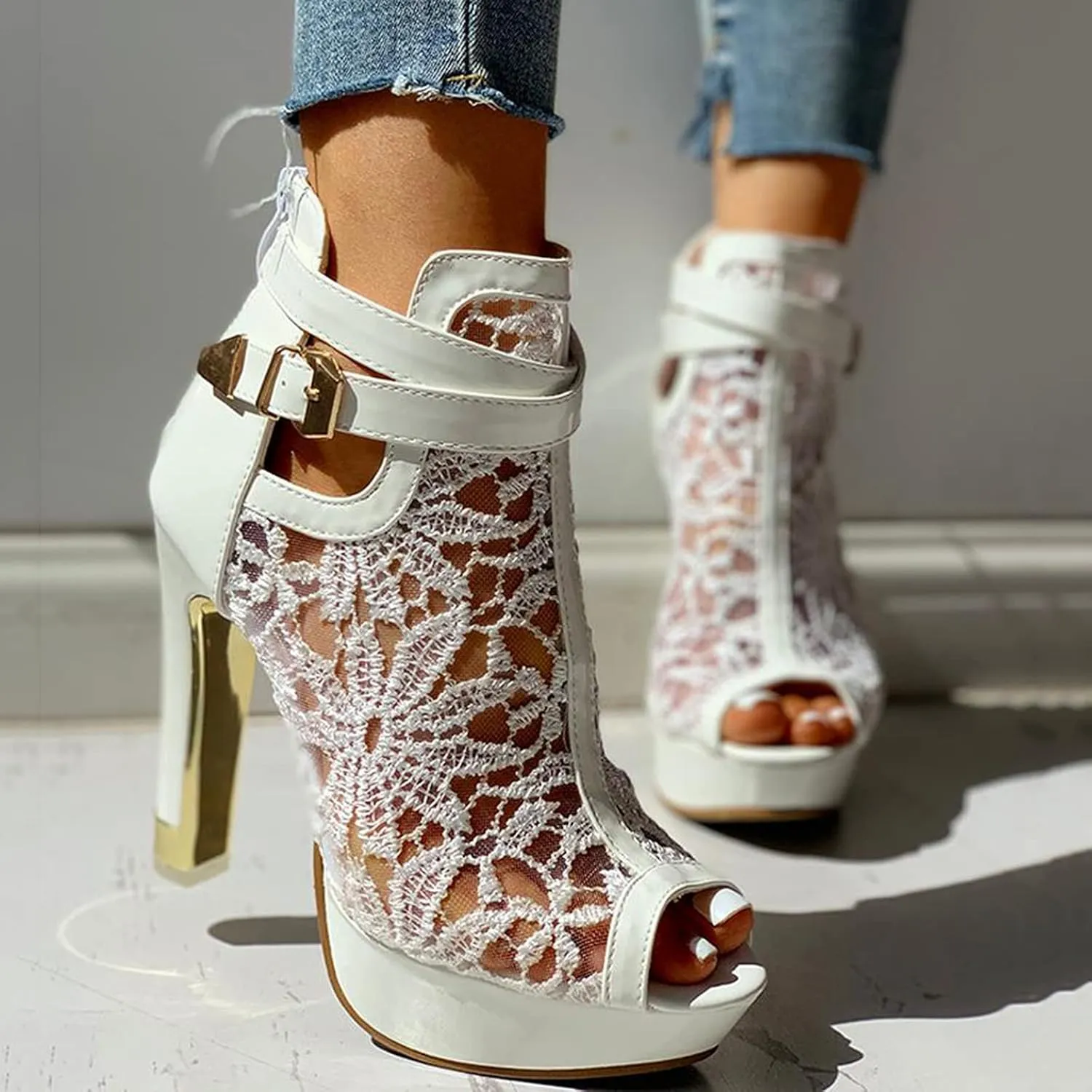 ZSpzx Stiletto Heels Sandals for Women Pointed Toe Peep Toes Embroidered Mesh Orthopedic Boots Sandal Ladies High Heel Cushion Footbed Adjustable Strappy Dressy Fashion Daily Wear Shoes