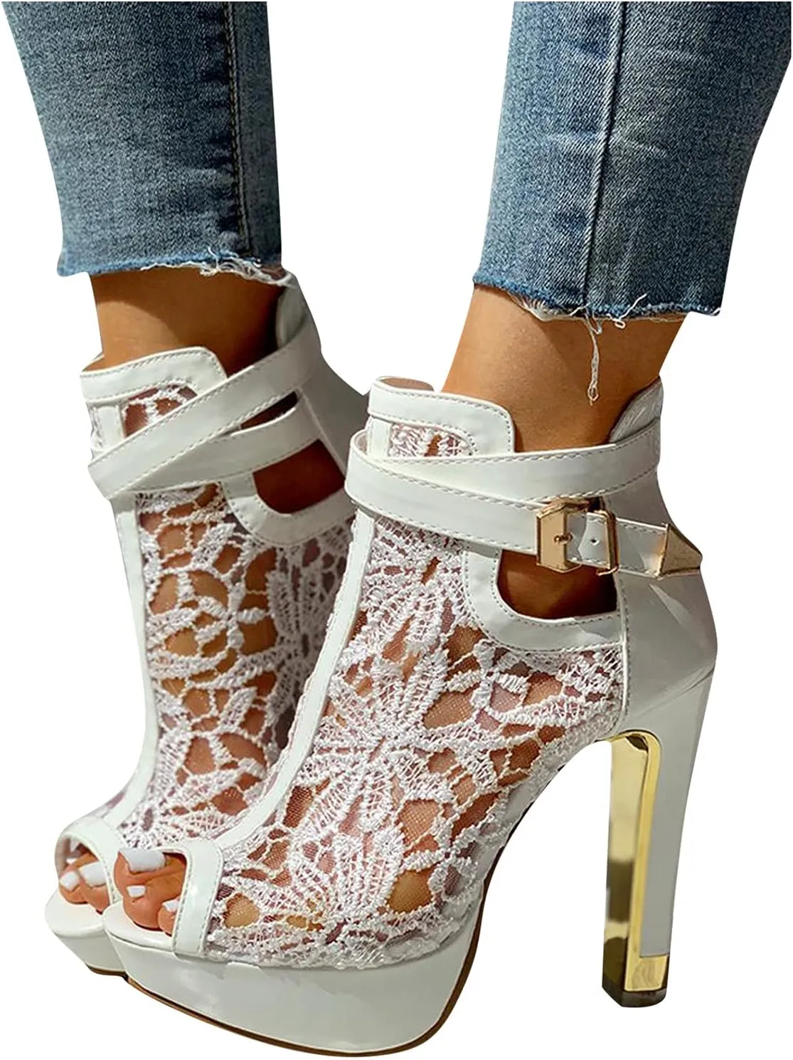 ZSpzx Stiletto Heels Sandals for Women Pointed Toe Peep Toes Embroidered Mesh Orthopedic Boots Sandal Ladies High Heel Cushion Footbed Adjustable Strappy Dressy Fashion Daily Wear Shoes