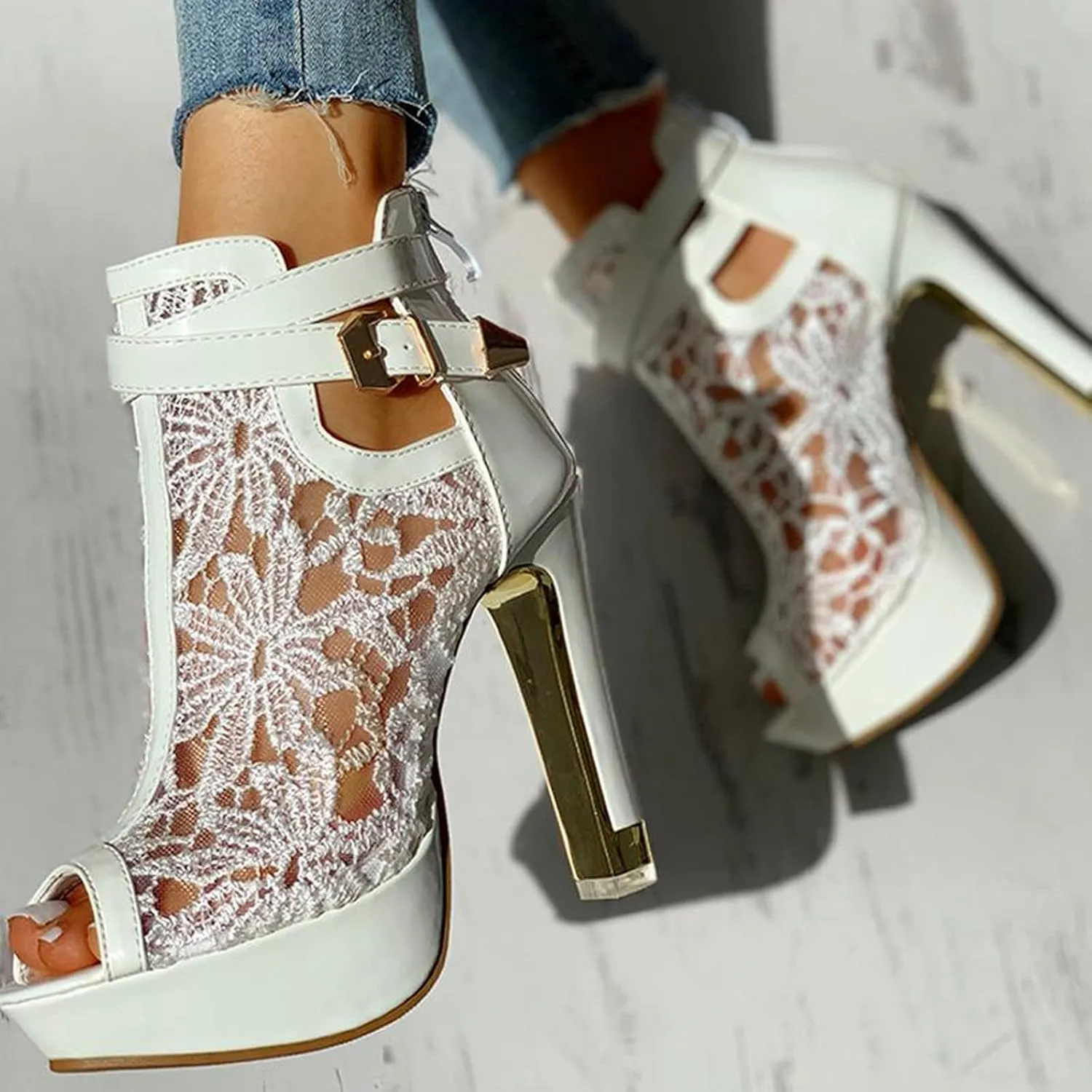 ZSpzx Stiletto Heels Sandals for Women Pointed Toe Peep Toes Embroidered Mesh Orthopedic Boots Sandal Ladies High Heel Cushion Footbed Adjustable Strappy Dressy Fashion Daily Wear Shoes