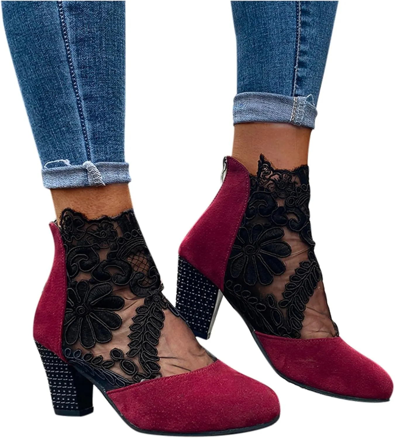 ZSpzx Women's Chunky Heels Boots Sandals Pointed Closed Toe Embroidered Flower Lace Mesh Sandal Ladies High Heel Cushion Footbed Orthopedic Sexy Dressy Shoes for Evening Cocktail Wedding Bridal
