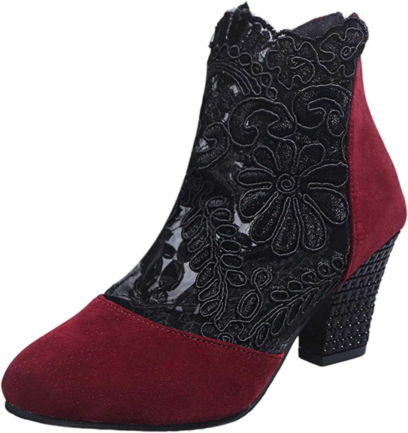 ZSpzx Women's Chunky Heels Boots Sandals Pointed Closed Toe Embroidered Flower Lace Mesh Sandal Ladies High Heel Cushion Footbed Orthopedic Sexy Dressy Shoes for Evening Cocktail Wedding Bridal