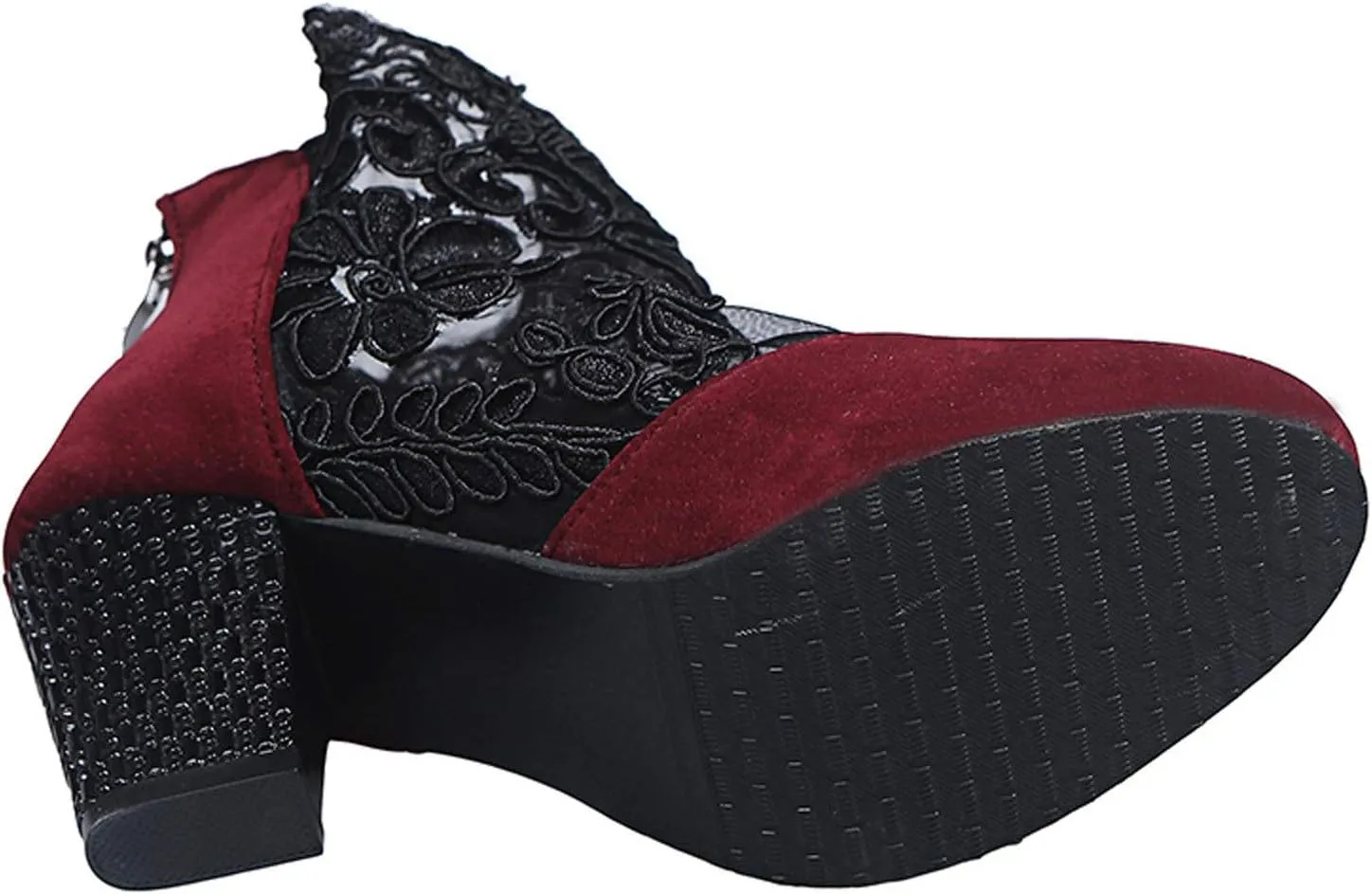 ZSpzx Women's Chunky Heels Boots Sandals Pointed Closed Toe Embroidered Flower Lace Mesh Sandal Ladies High Heel Cushion Footbed Orthopedic Sexy Dressy Shoes for Evening Cocktail Wedding Bridal