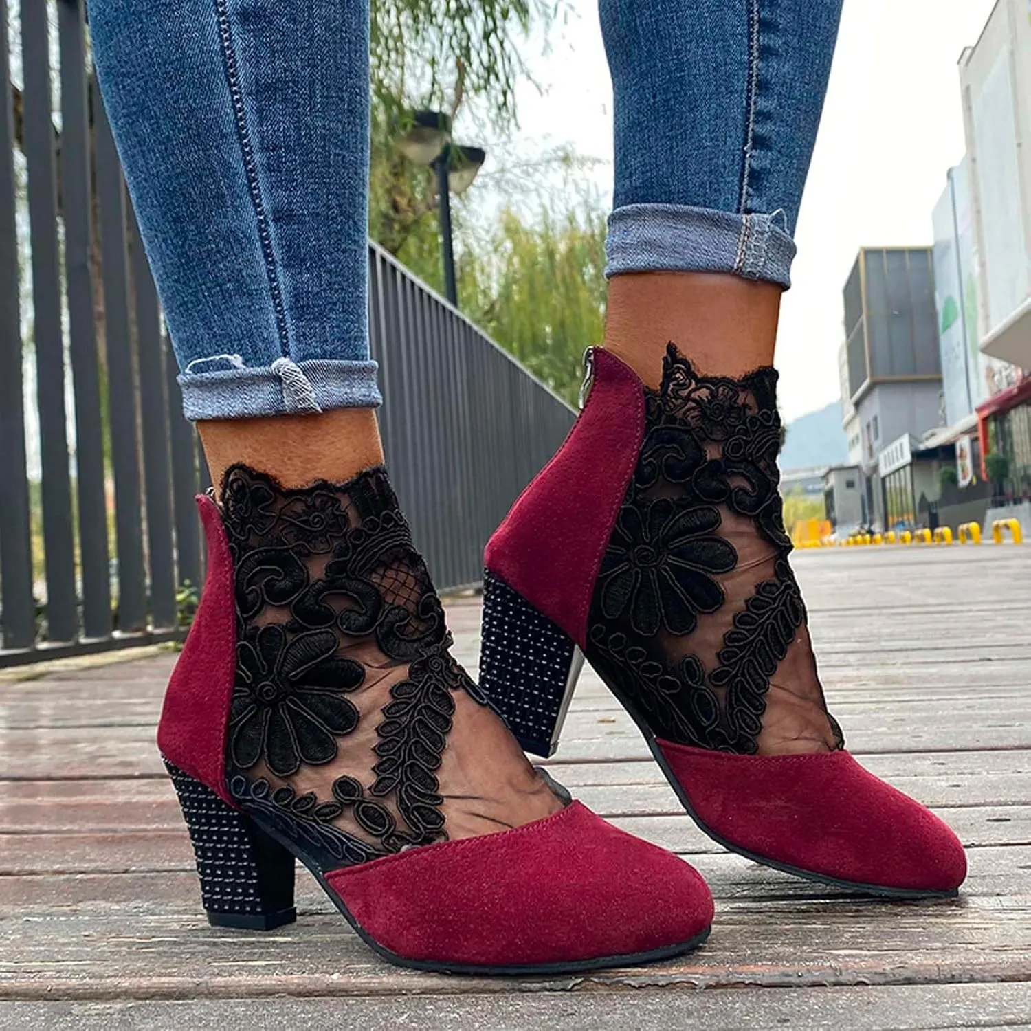 ZSpzx Women's Chunky Heels Boots Sandals Pointed Closed Toe Embroidered Flower Lace Mesh Sandal Ladies High Heel Cushion Footbed Orthopedic Sexy Dressy Shoes for Evening Cocktail Wedding Bridal